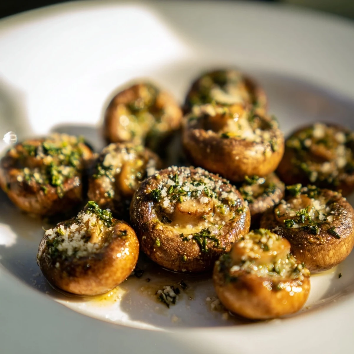 Golden Garlic Herb Roasted Mushrooms, glistening with olive oil and smelling wonderfully savory after roasting.