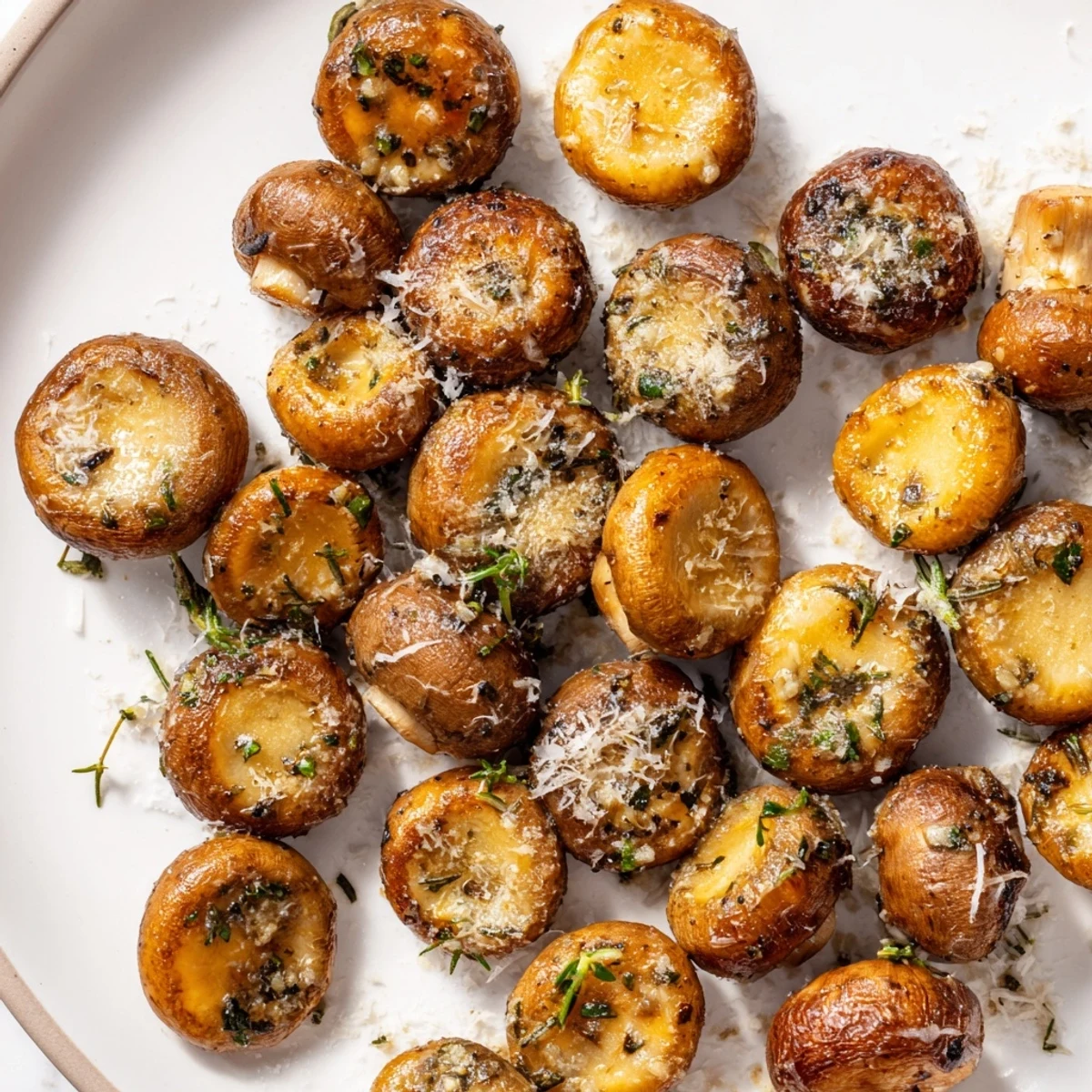 The perfectly roasted Garlic Herb Roasted Mushrooms, a flavorful side dish with fresh herbs and tender texture.