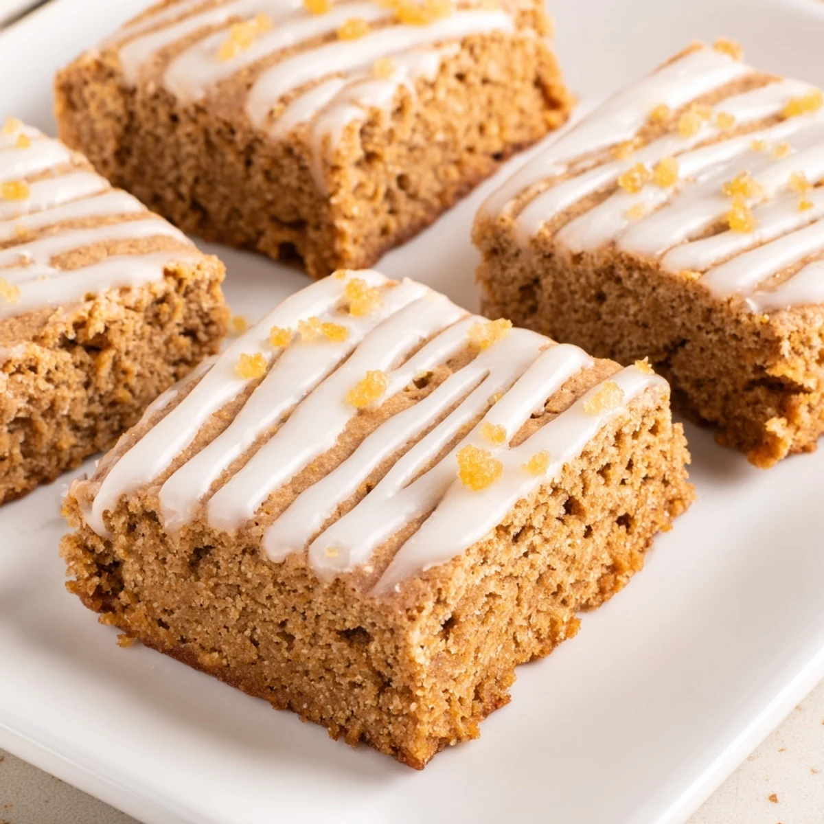 Warm and spiced gingerbread cookie bars with a sweet vanilla glaze, ready to serve!