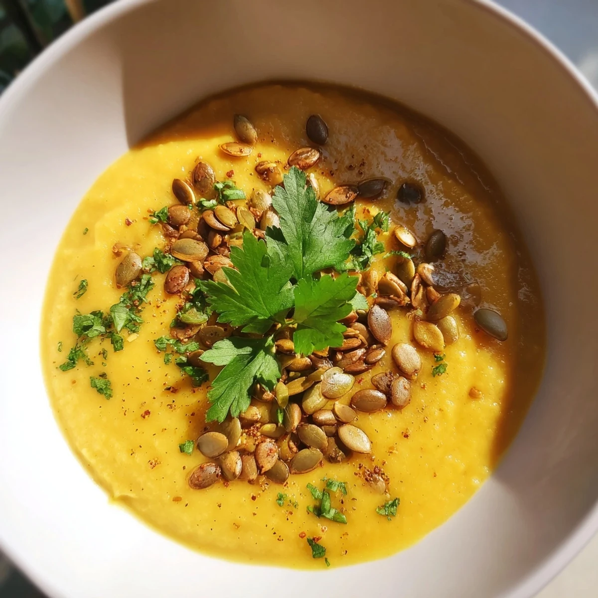Creamy spiced pumpkin soup is pictured, garnished with toasty pumpkin seeds promising delicious autumn flavor.