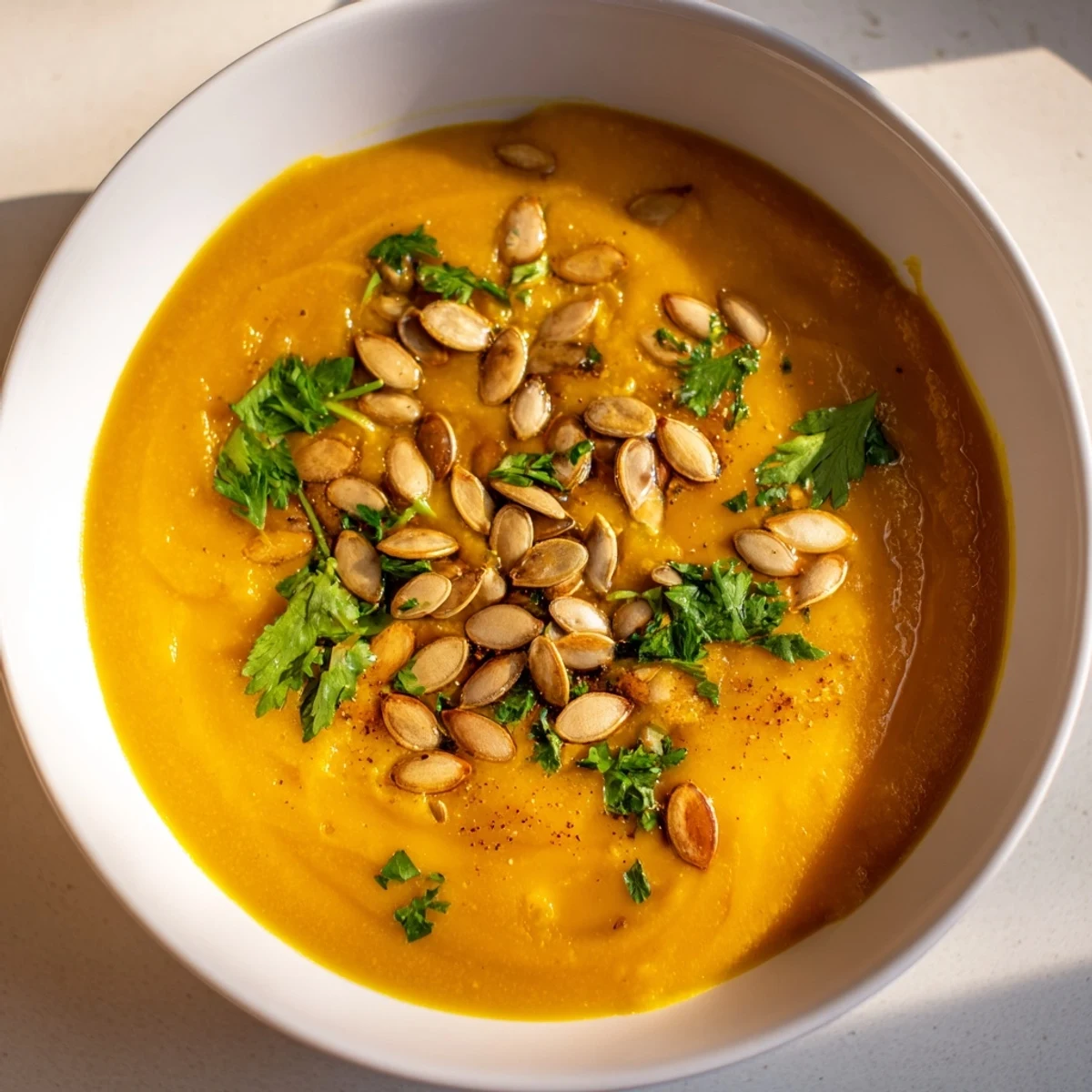 This comforting spiced pumpkin soup shows a swirl of rich, orange soup topped with crunchy pepitas.