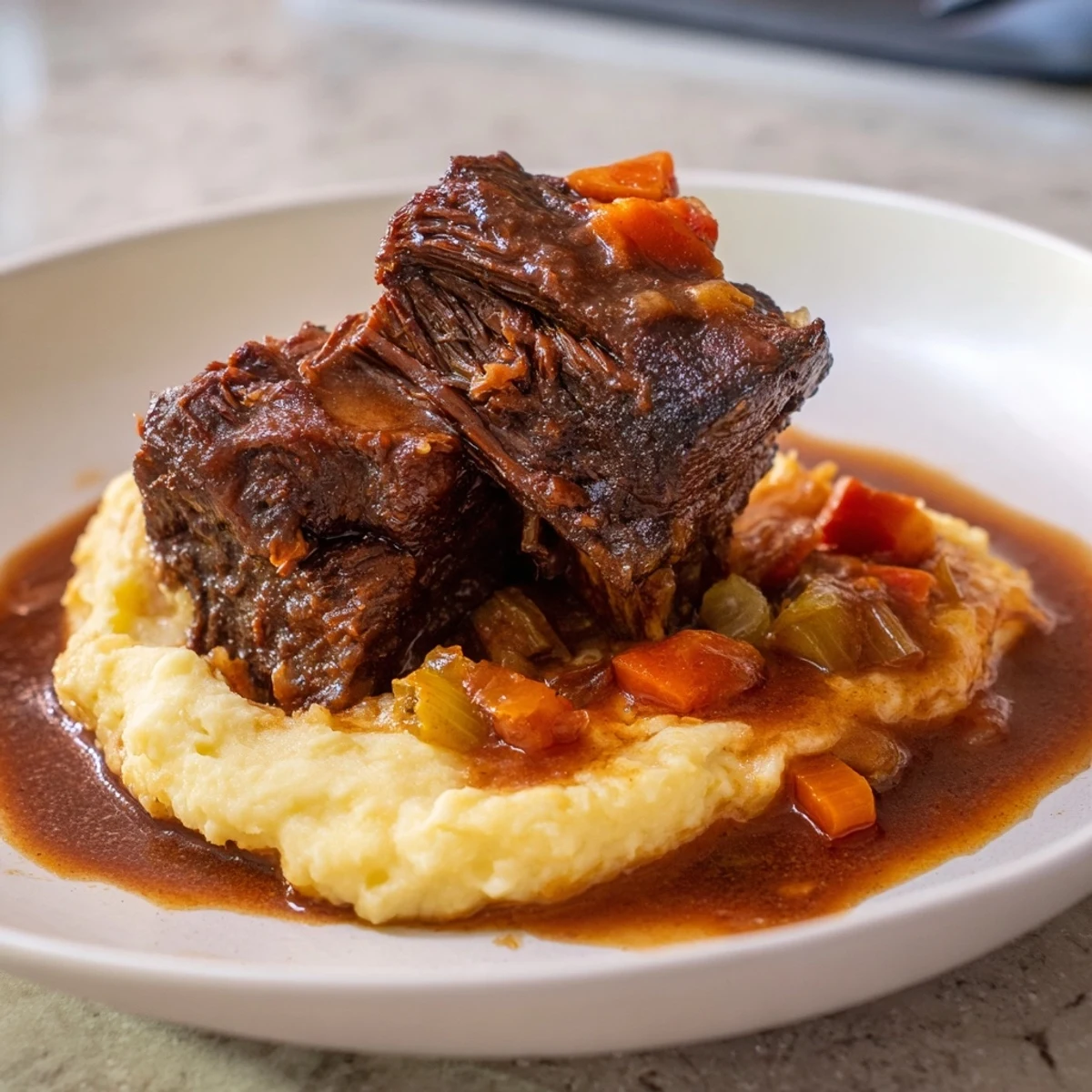 Tender Braised Beef Short Ribs with Mash, rich gravy over fall-apart meat and creamy mashed potatoes.