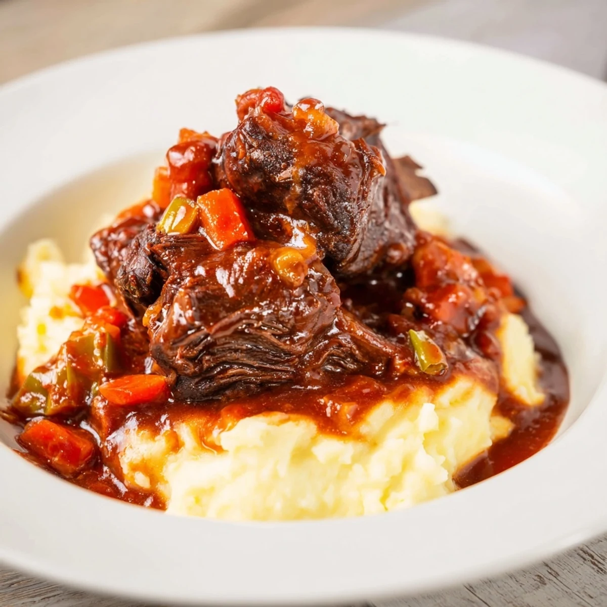 Delectable Braised Beef Short Ribs with Mash: luxurious short ribs atop a bed of fluffy mashed potatoes.
