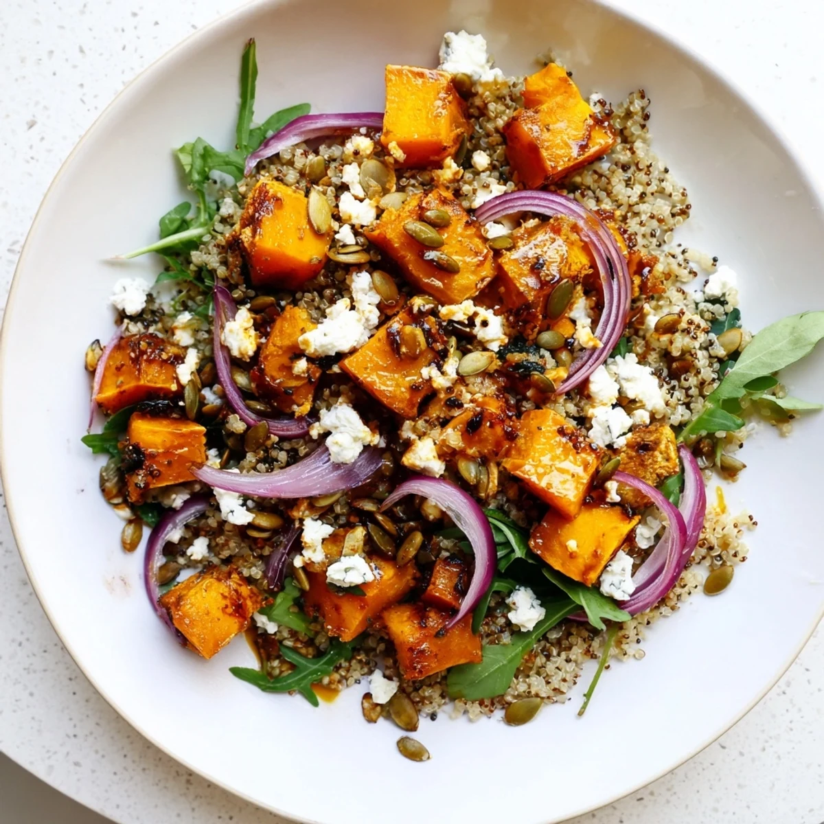 Roasted butternut squash in Winter Squash and Quinoa Salad, plated with toasted pepitas, ready to enjoy.