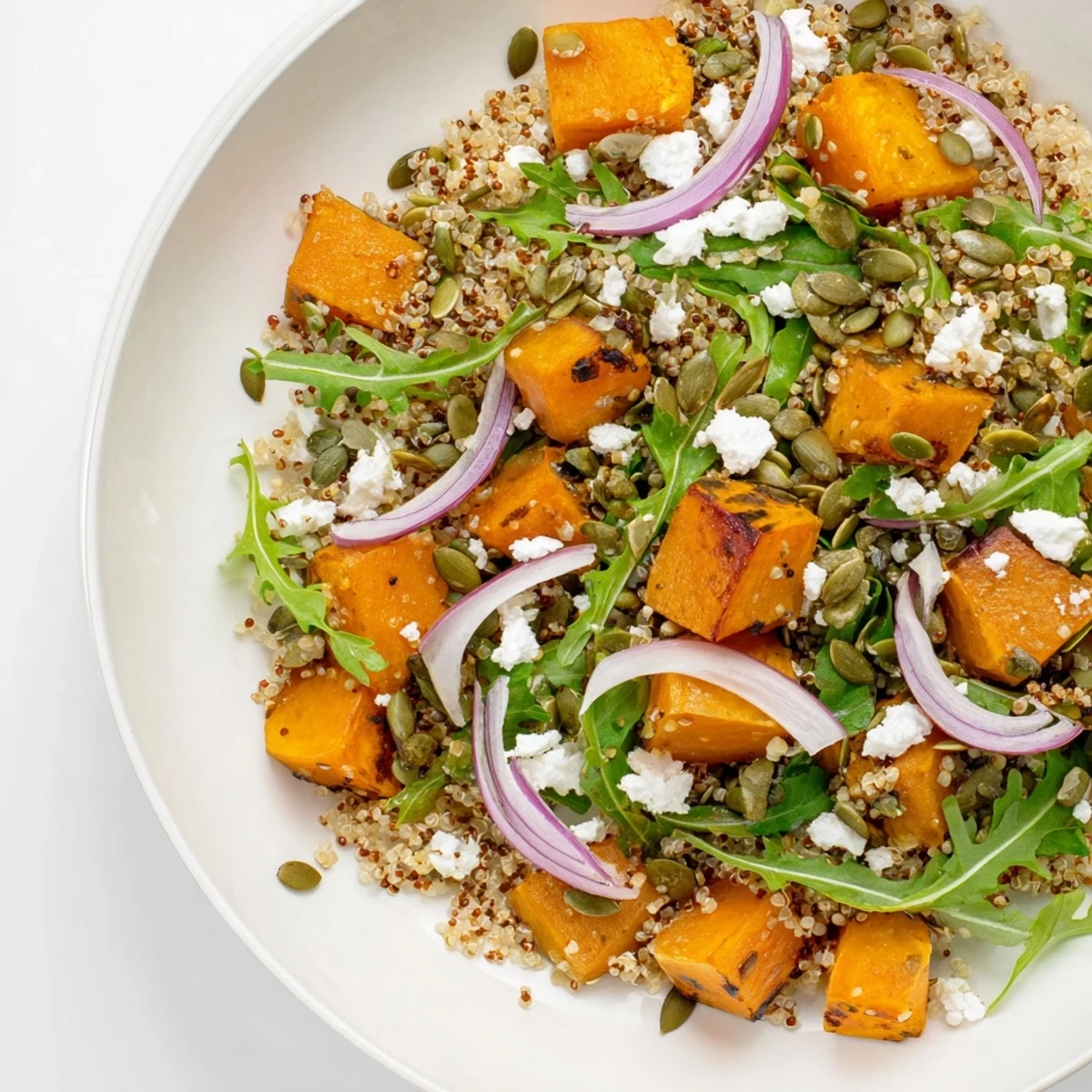 A colorful view of Winter Squash and Quinoa Salad, featuring tender, golden squash and fluffy quinoa.