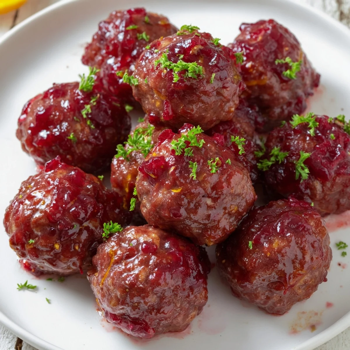 Juicy cranberry orange glazed meatballs glistening with a sweet, savory glaze, perfect for any gathering.