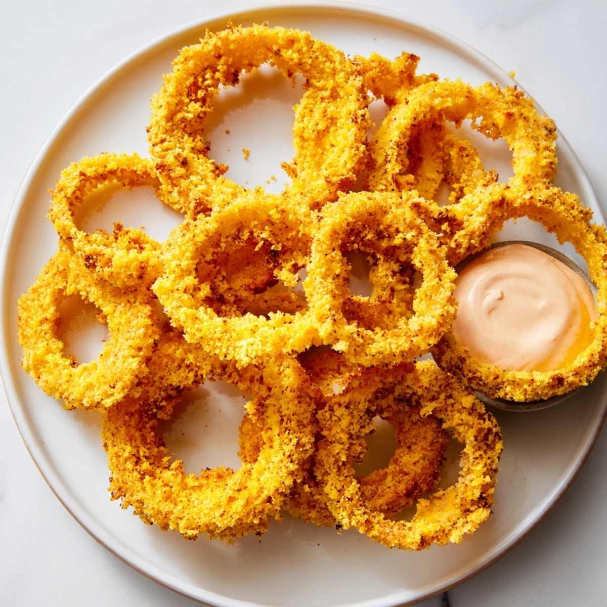 Close-up of golden, crispy onion rings ready to dip into a tangy sauce, a classic appetizer.