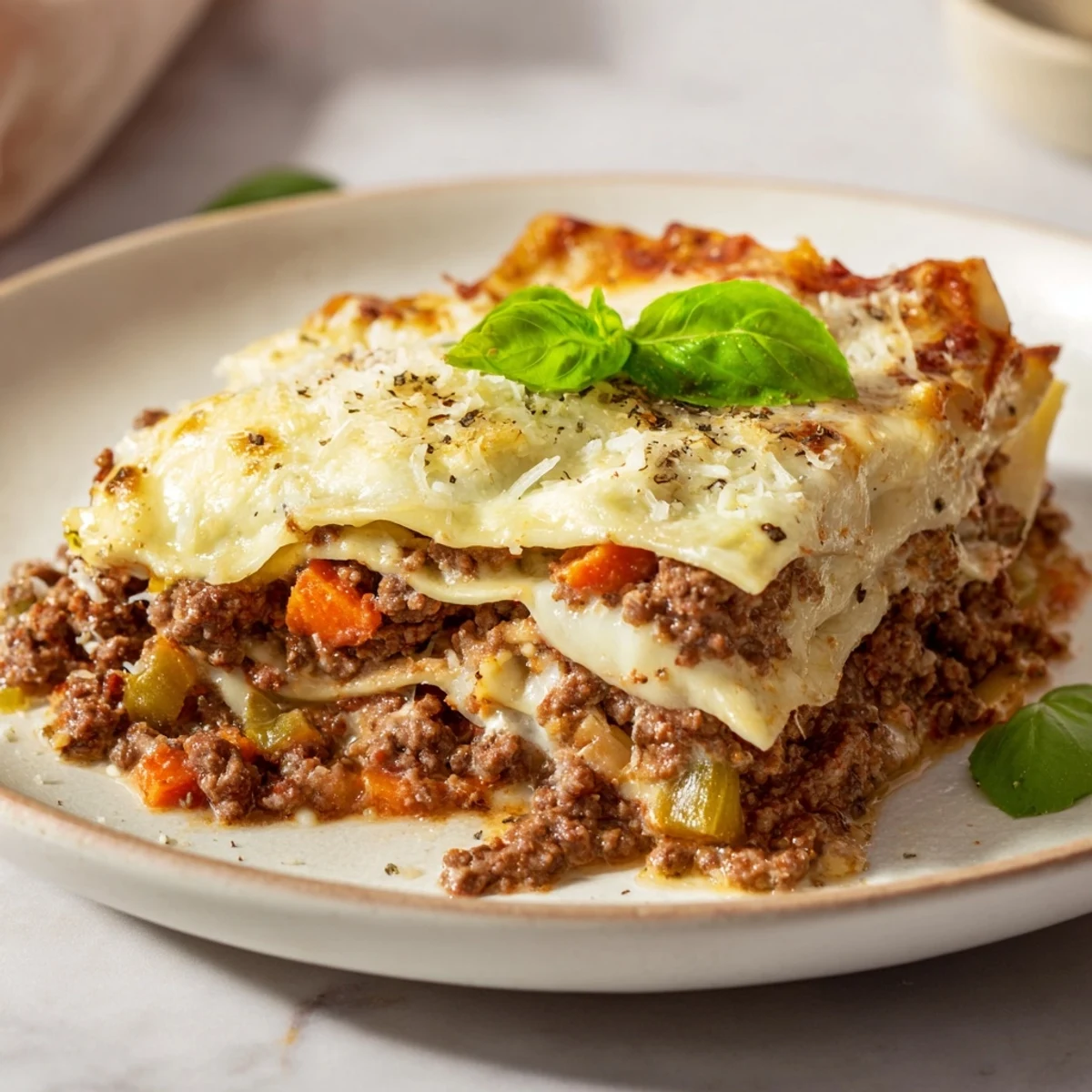 A warm, bubbling Savory Beef Lasagna, golden-brown cheese topping the layered masterpiece.