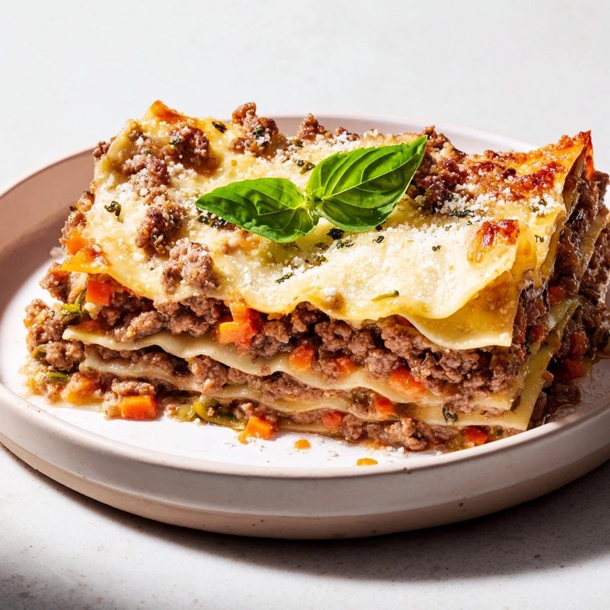 Close-up of a hearty Savory Beef Lasagna with rich sauce and melted mozzarella for dinner.