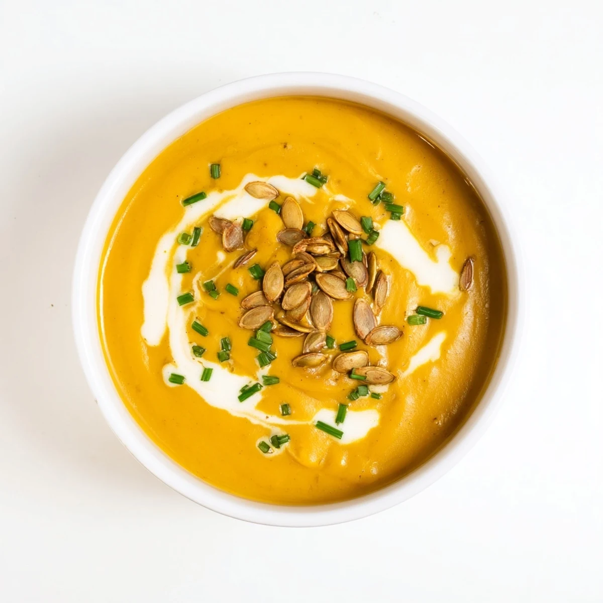 A steaming bowl of Creamy Pumpkin Soup, garnished with toasted pumpkin seeds and fresh herbs.