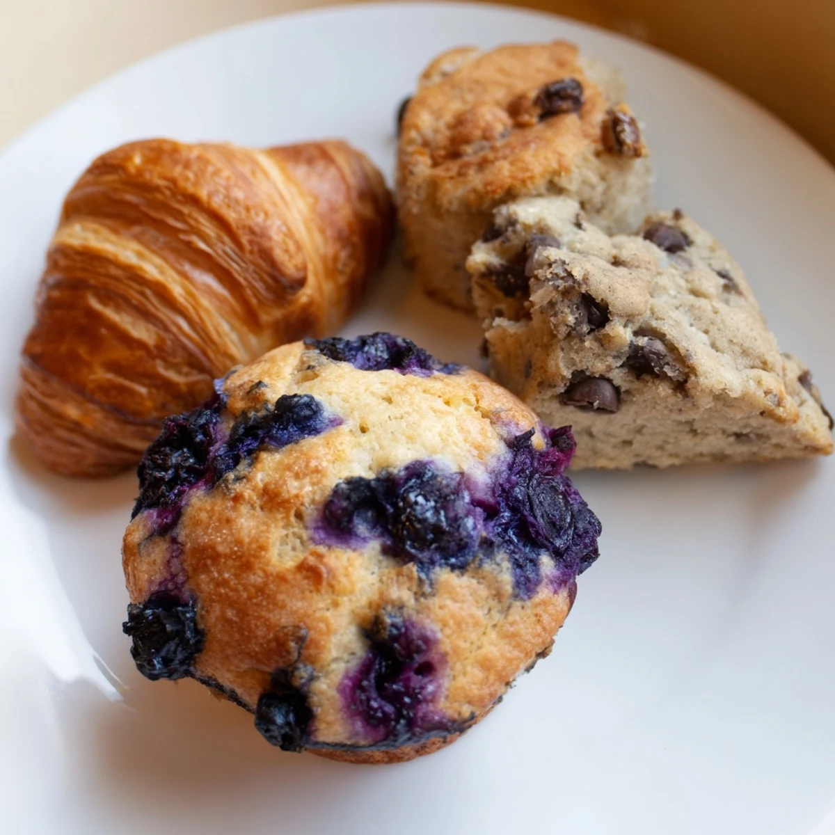 Assortment of golden-brown baked goods basket: muffins, croissants, scones, and cookies ready for breakfast.