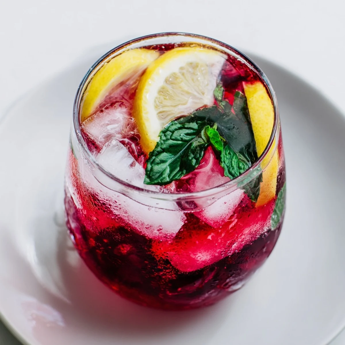 A close-up of a frosted glass of Cranberry Lemonade with lemon slices and mint.