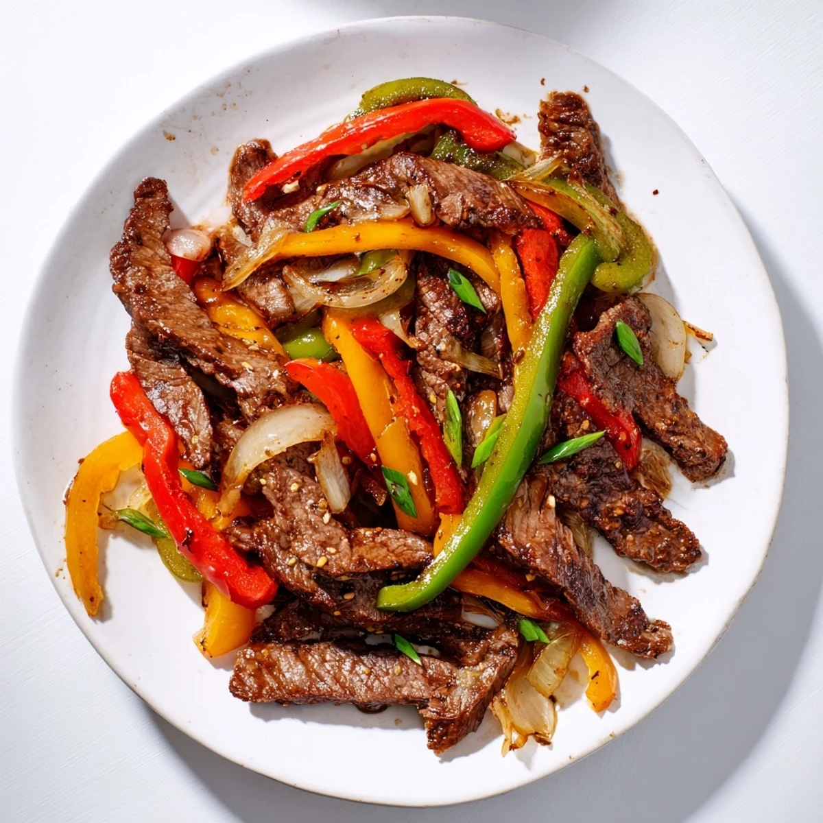 A close-up of delicious Pepper Steak: perfectly seared beef and vibrant vegetables, ready for a flavorful bite.