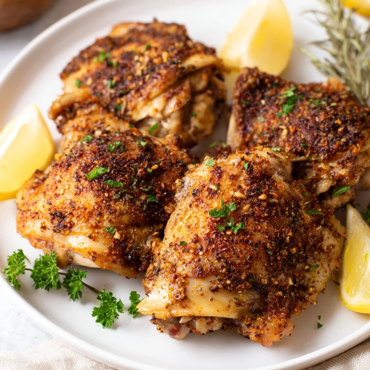 Golden, crispy-skinned roasted chicken thighs, juicy inside, served with fresh parsley and lemon wedges.
