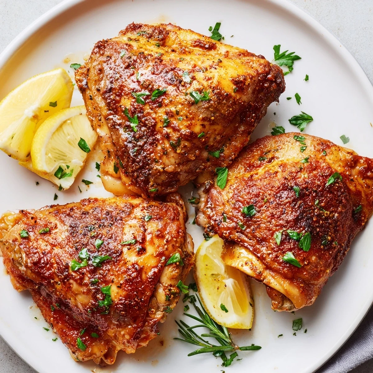 A pan of sizzling roasted chicken thighs with aromatic herbs promising a comforting, flavorful dinner.