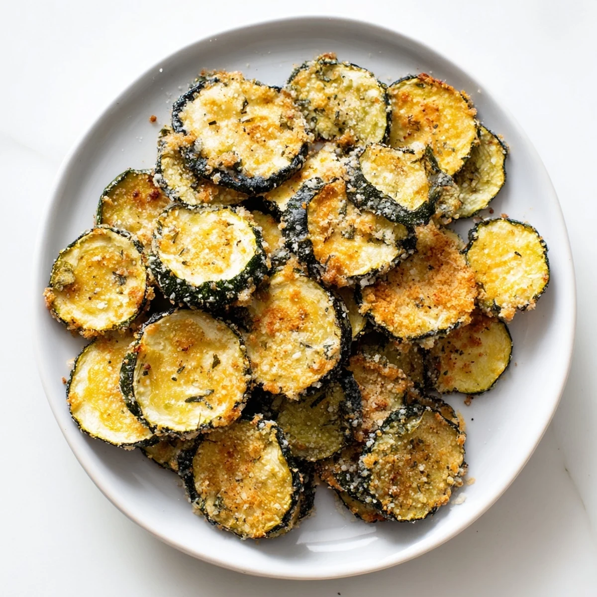Golden, crispy oven-baked zucchini chips, perfectly seasoned and ready for a savory snack.
