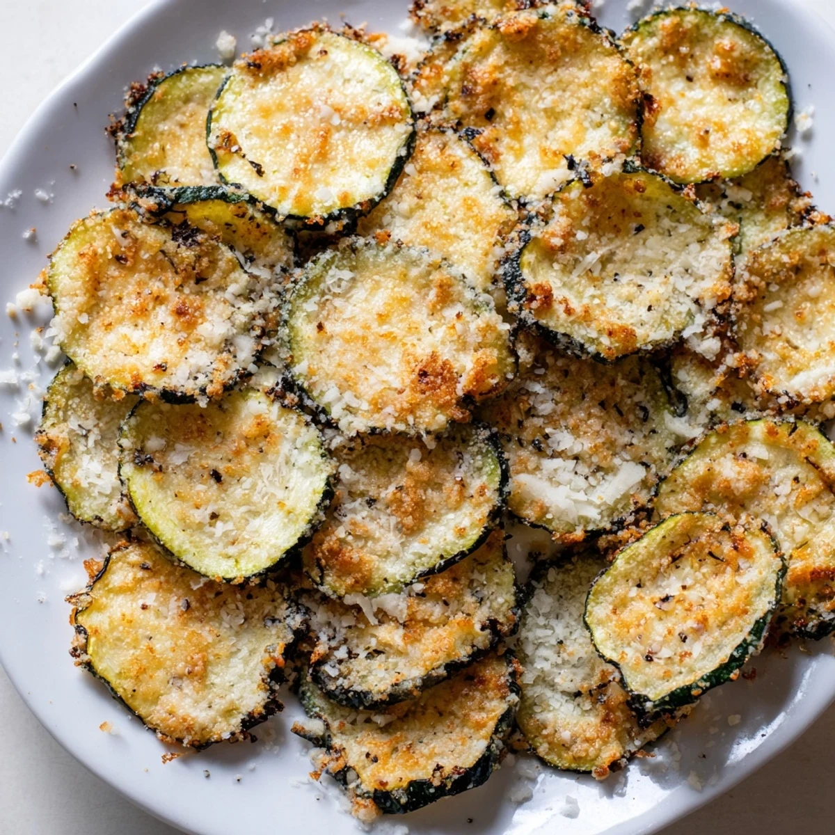 Close-up of crispy zucchini chips, showing their golden brown edges, perfect for dipping.