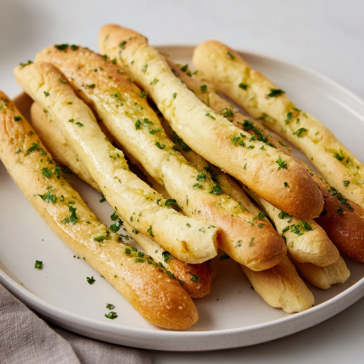 Warm and golden Garlic Breadsticks fresh from the oven, ready to serve with pasta.