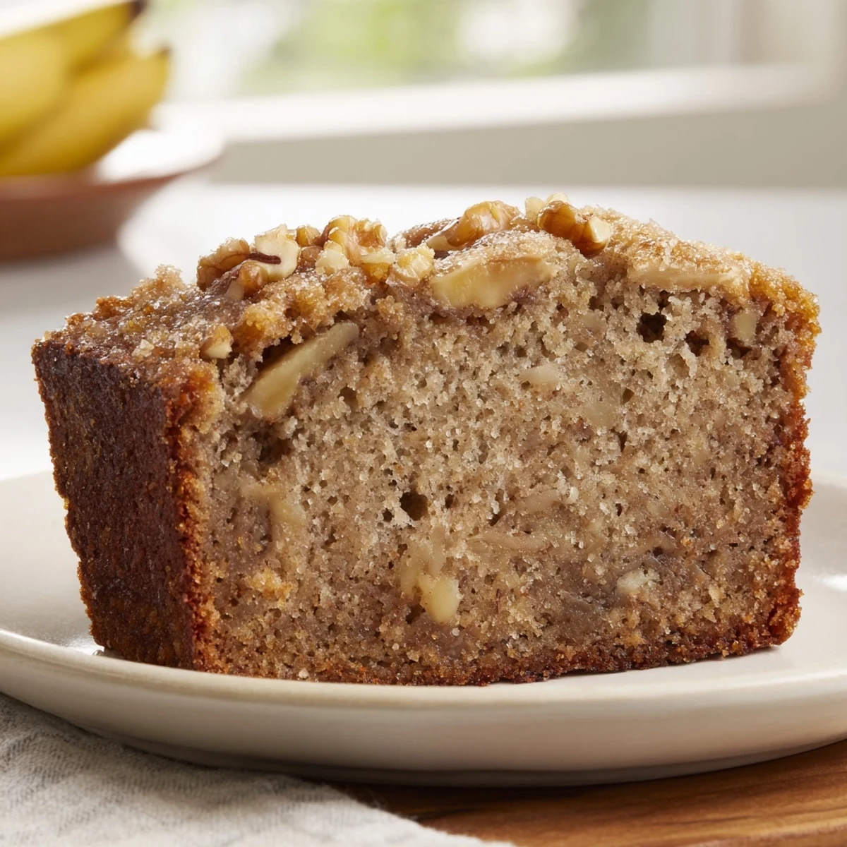 Slice of freshly baked Banana Bread, moist and flavorful, ideal for breakfast with coffee.