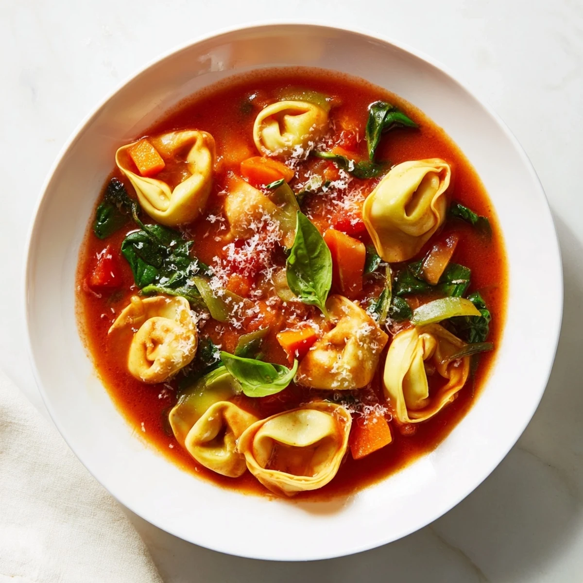 Enjoy the warmth from the delicious Tomato Tortellini Soup, perfect for a cozy dinner.