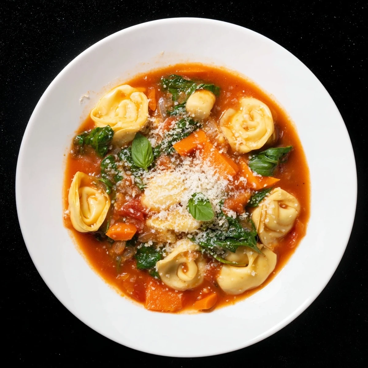 A close-up shot of a rich and flavorful Tomato Tortellini Soup with tender pasta.