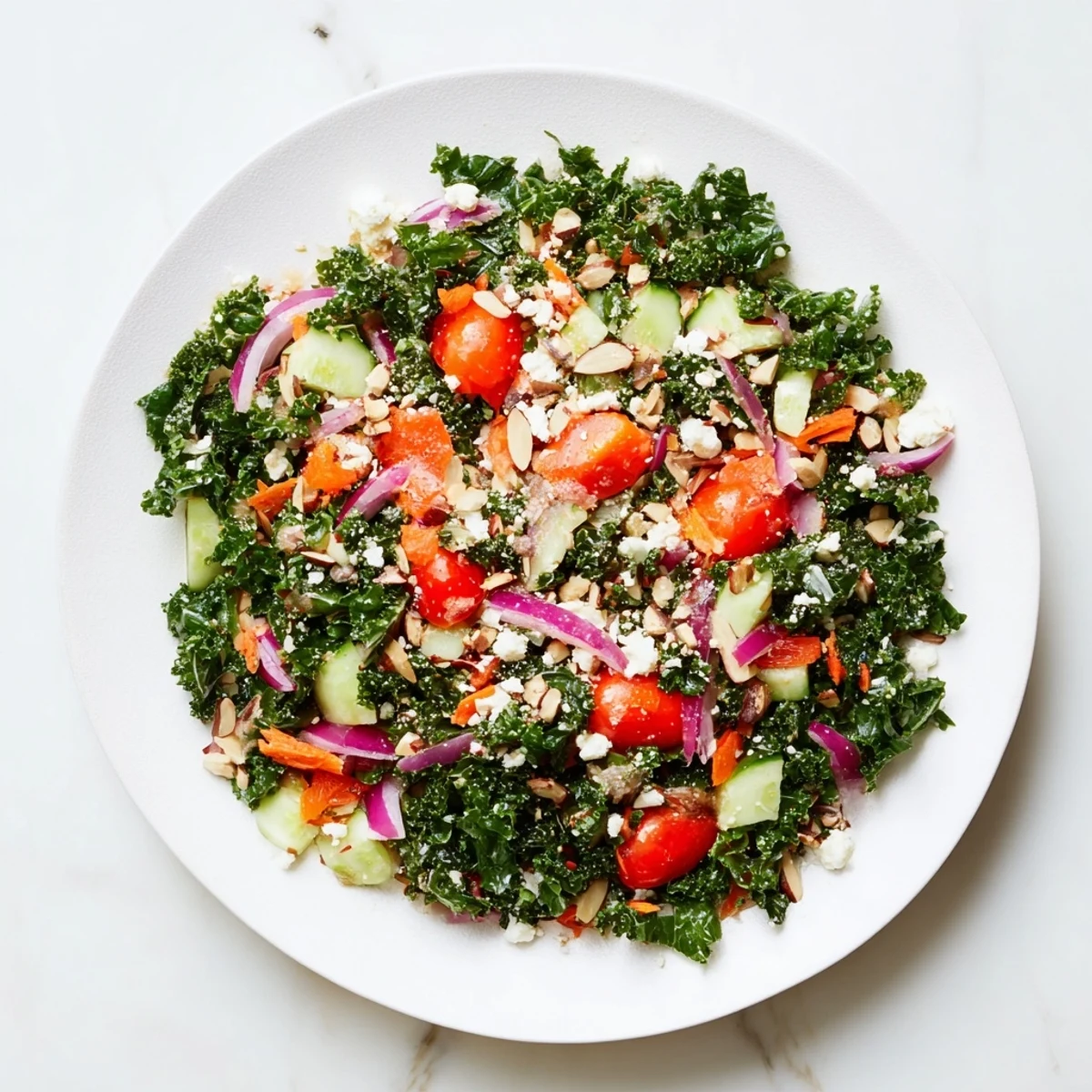 Vibrant kale salad with cherry tomatoes, cucumber and zesty lemon dressing, ready to enjoy.