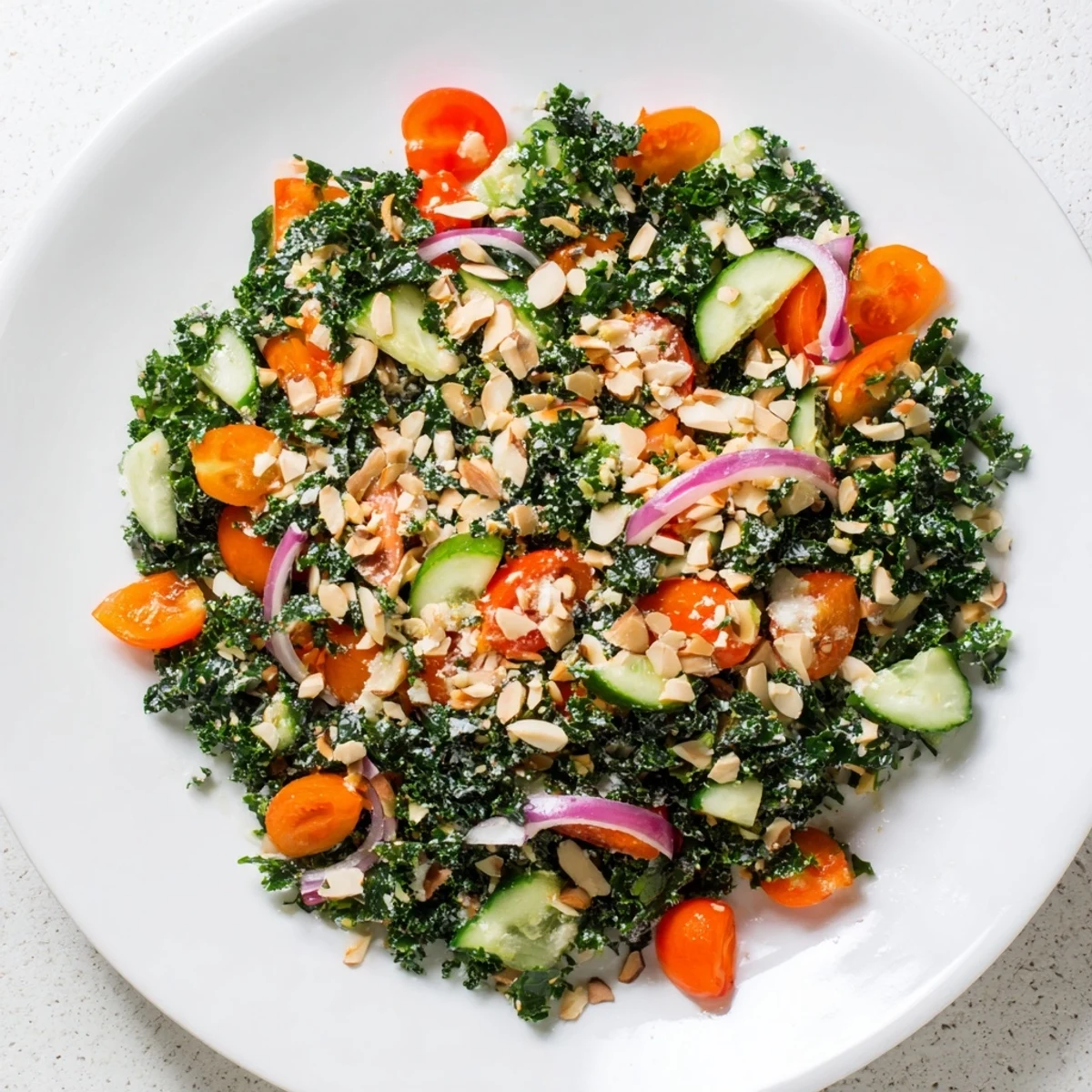 Close-up of a refreshing kale salad, highlighting the crisp vegetables and bright colors.