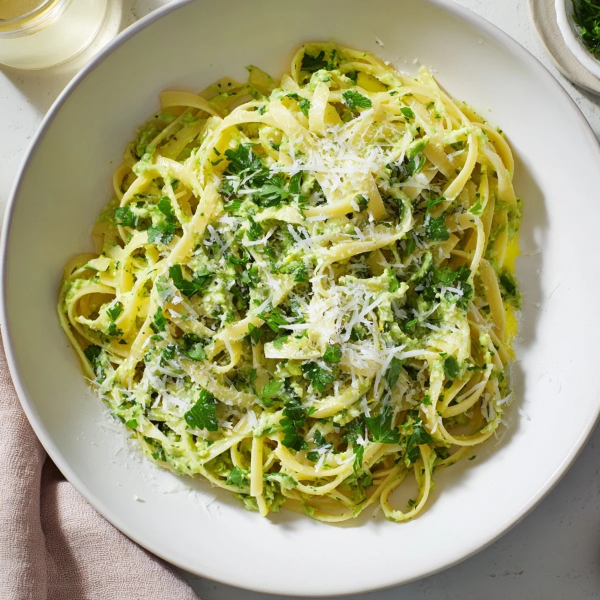 Creamy avocado pasta, a vibrant green dish topped with fresh basil and lemon zest.