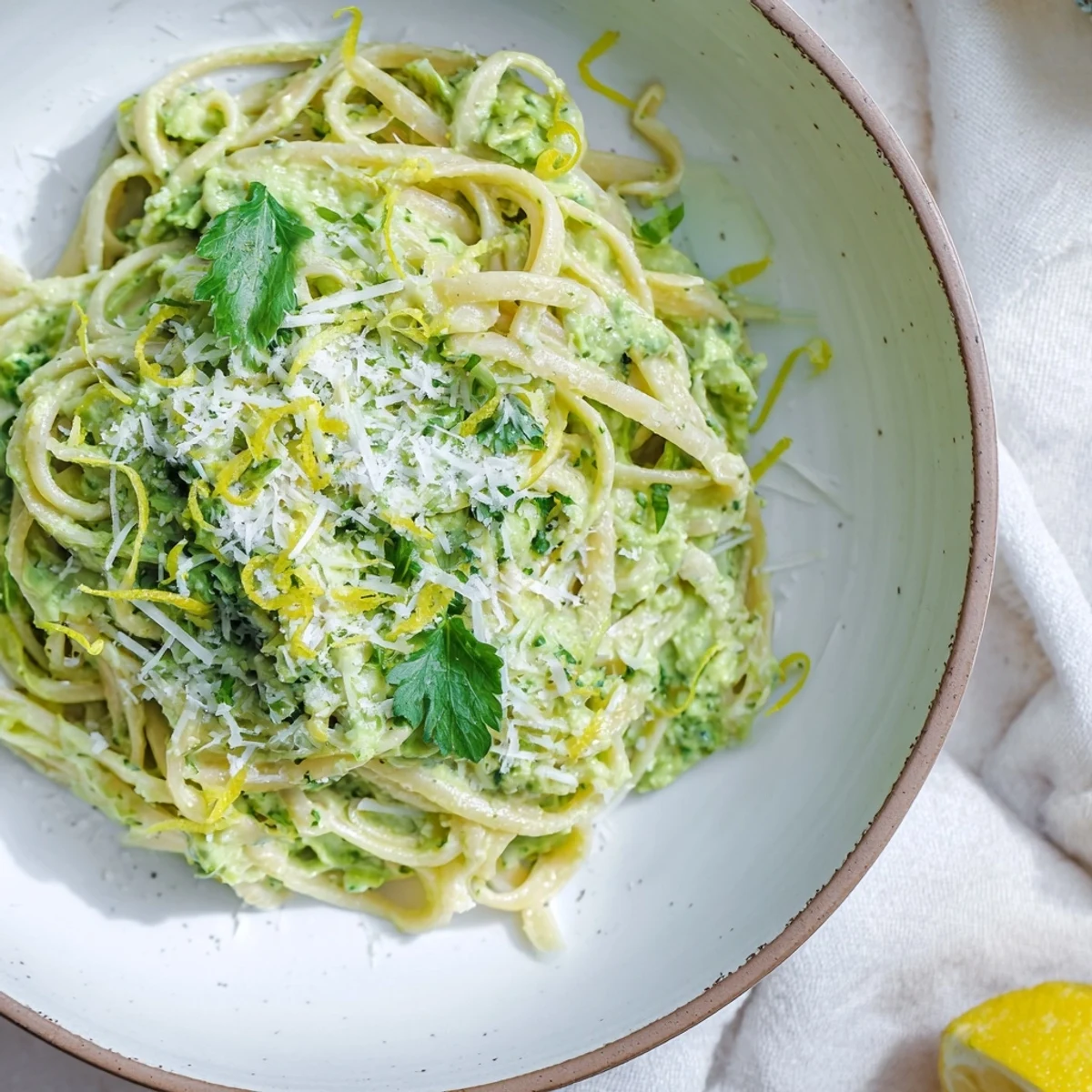 Enjoy this quick, healthy avocado pasta, featuring bright green sauce and flavorful basil garnish.