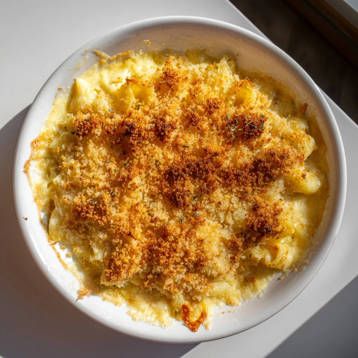 Golden-crusted Baked Mac and Cheese bubbling in a baking dish, ready for serving everyone a comforting meal.