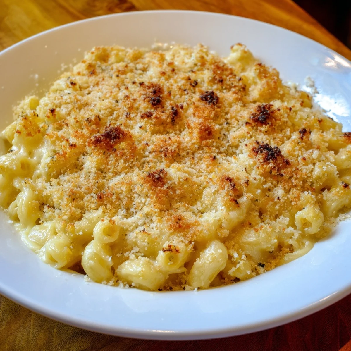 A close-up of creamy Baked Mac and Cheese, with melted cheese and a browned, crispy breadcrumb topping.