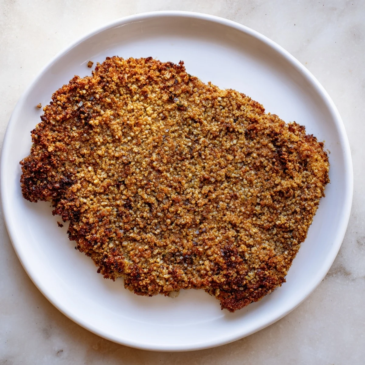 A close-up reveals perfectly breaded veggie chicken, offering a satisfying crunch with every bite.