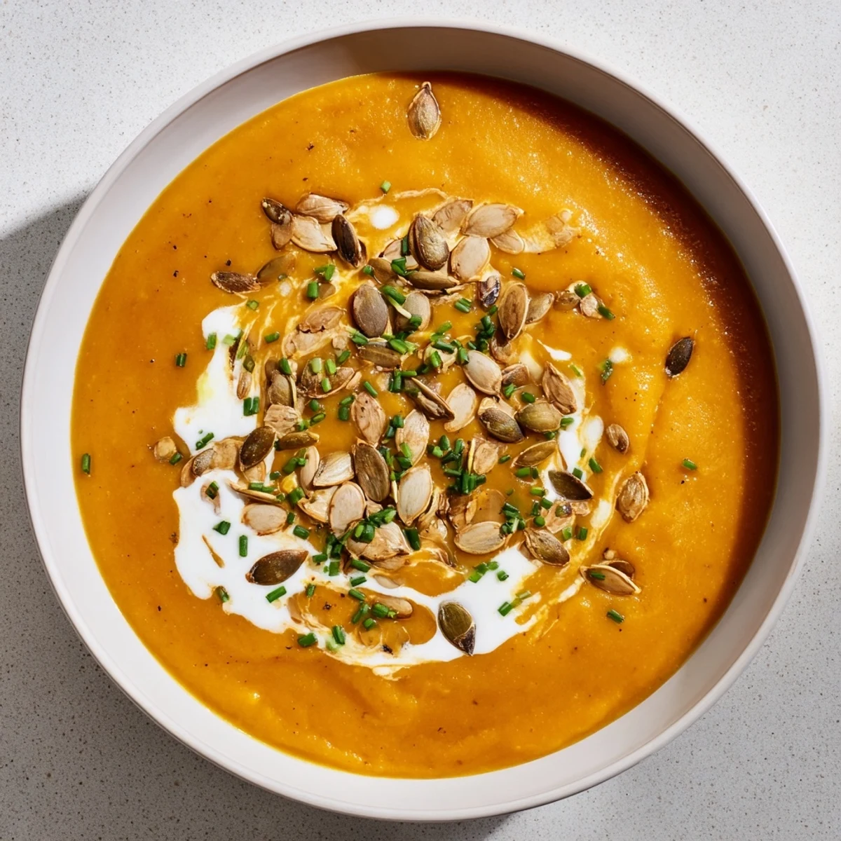 Creamy Pumpkin Bisque, garnished with roasted pepitas and fresh herbs, ready to savor.