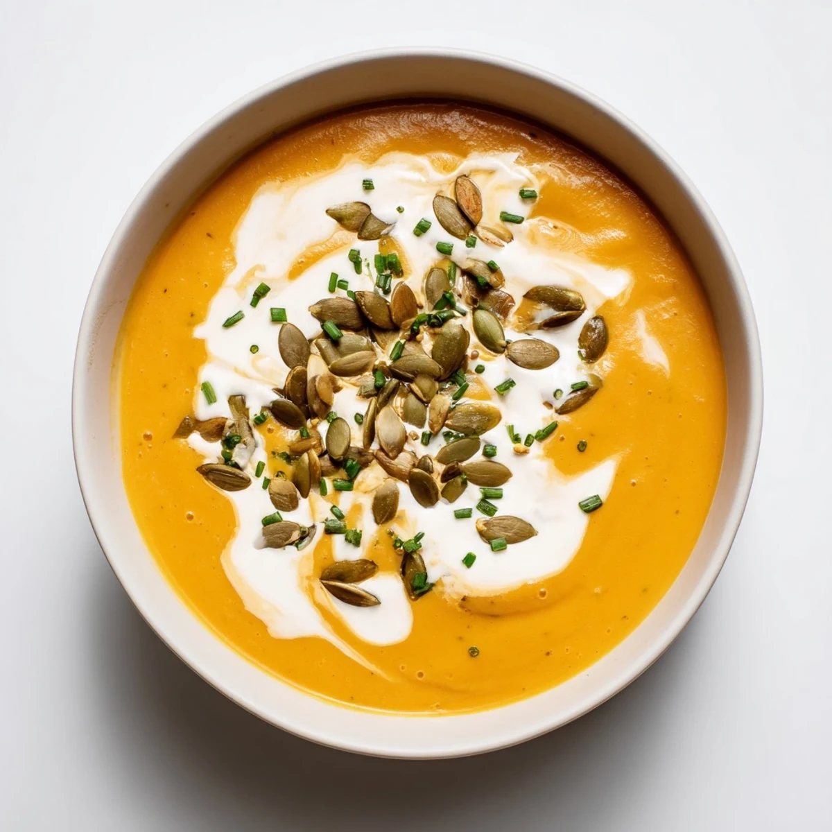 A warm bowl of Pumpkin Bisque, fragrant spices mingled within a smooth, luscious texture.