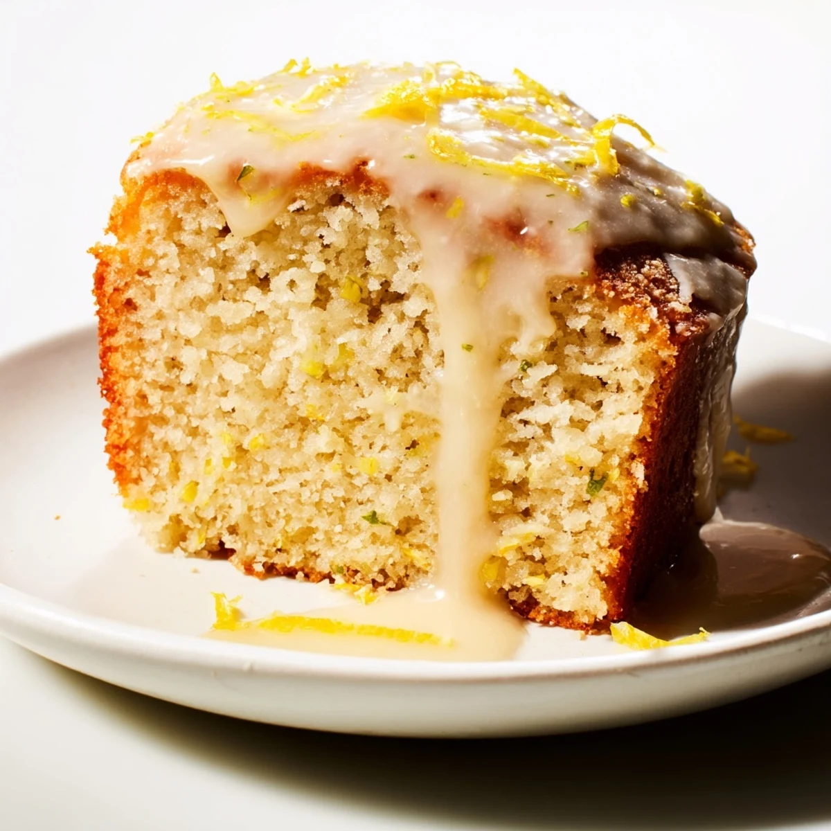 A cooling, elegant slice of Lemon Cake with glistening lemon glaze, ready to serve and enjoy.