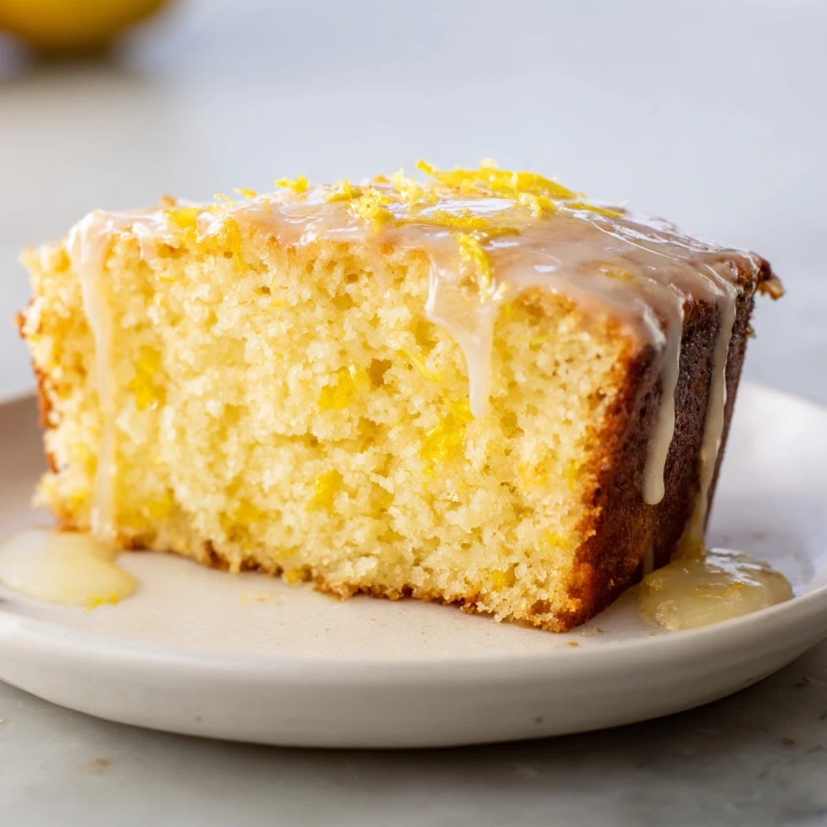 Golden-glazed Lemon Cake slice, showcasing its moist texture and bright, zesty flavors.