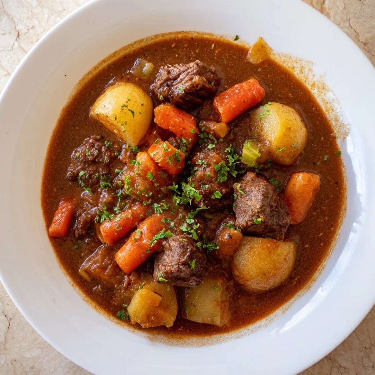 Steaming bowl of hearty beef stew, rich with tender beef and vegetables, ready to serve.