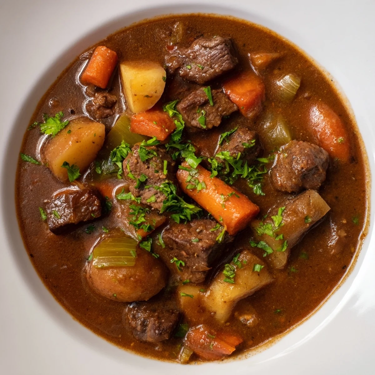 A close-up of deeply flavored hearty beef stew, showcasing tender beef chunks and carrots.