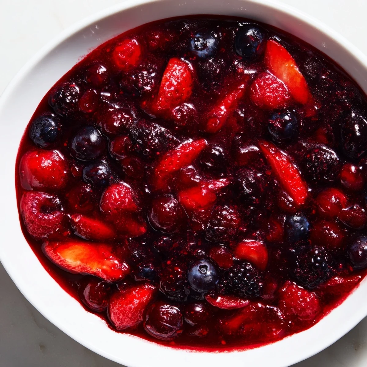 Warm berry sauce, glistening and vibrant, ready to drizzle over a light pancake stack.