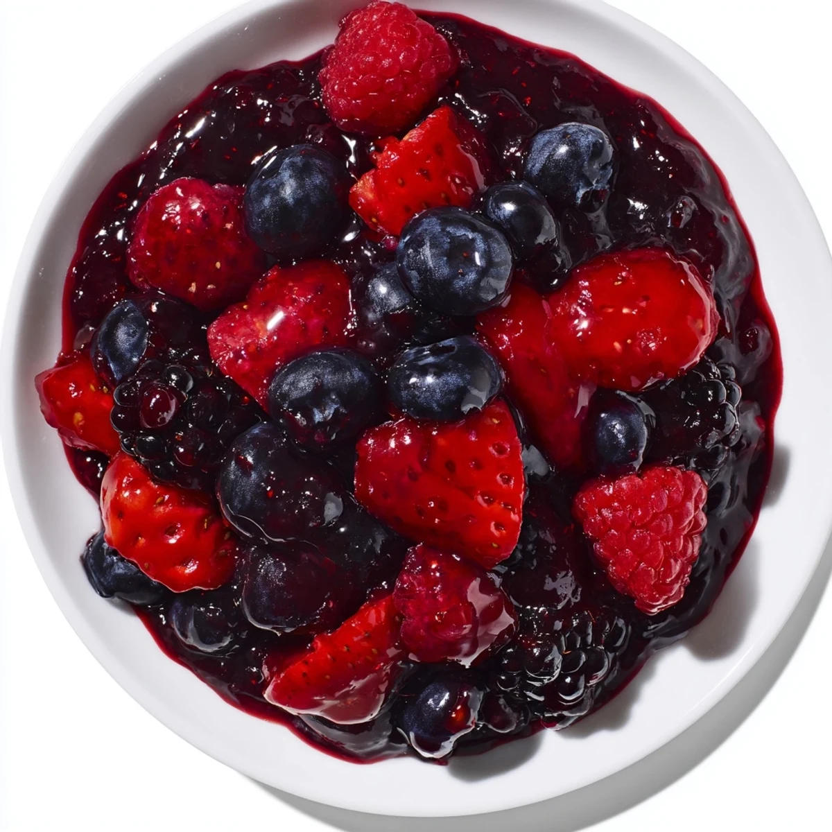 Homemade berry sauce, a beautiful, rich crimson color, perfectly complements a scoop of vanilla ice cream.