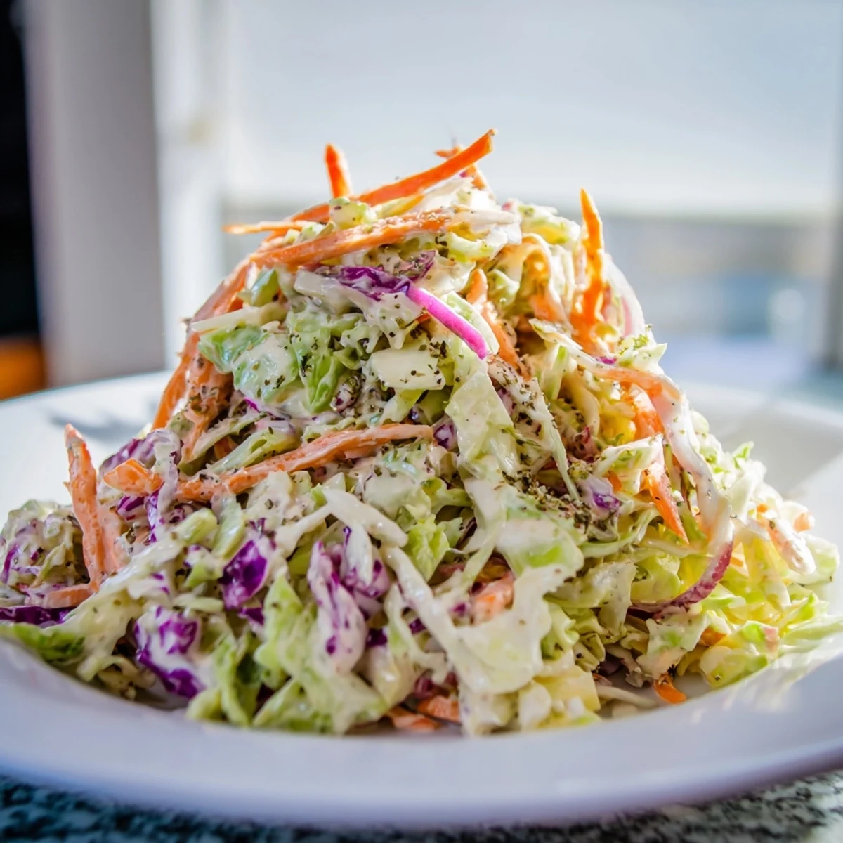 Creamy Coleslaw with crunchy cabbage and carrots, a classic side dish perfect for summer barbecues.