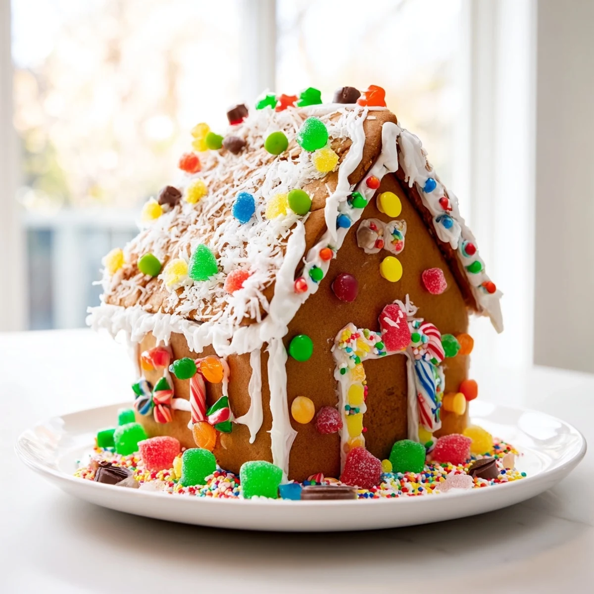 A freshly decorated gingerbread house, a holiday dessert with colorful candy and festive icing.