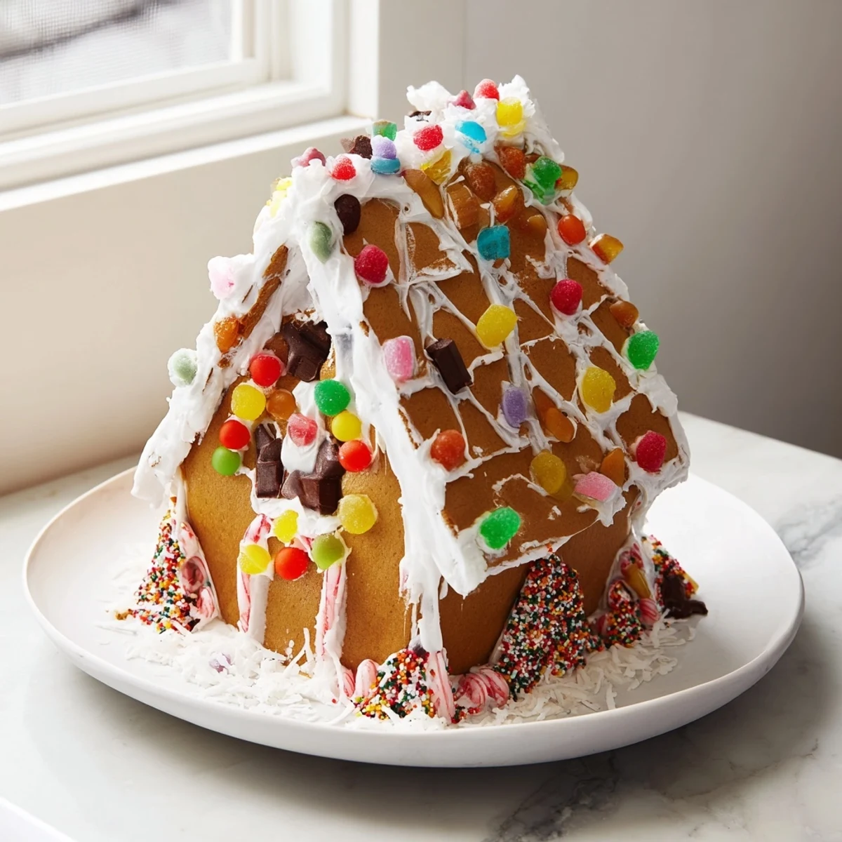 This homemade gingerbread house shows off sturdy walls and a roof covered in colorful candies.