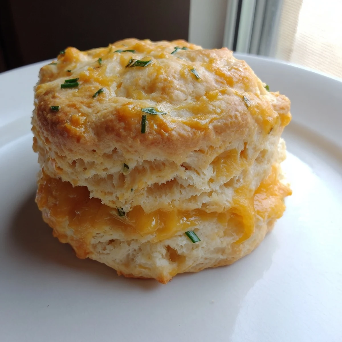 Freshly baked Savory Biscuits: a close-up shows their flaky layers with melted cheese.