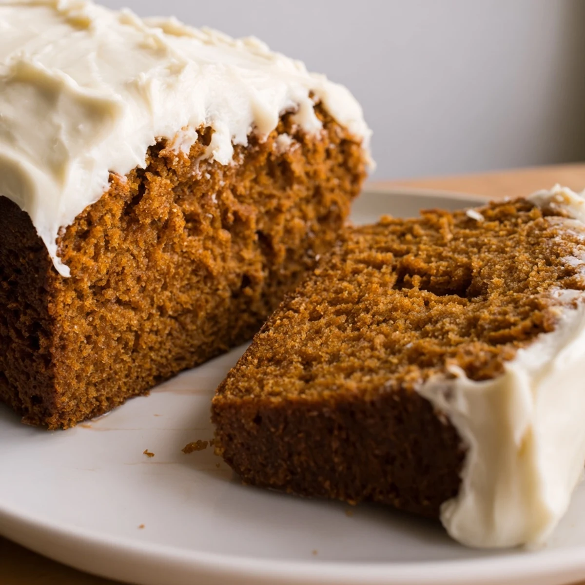 A thick slice of frosting gingerbread, glistening and warm, ready to be enjoyed with tea.