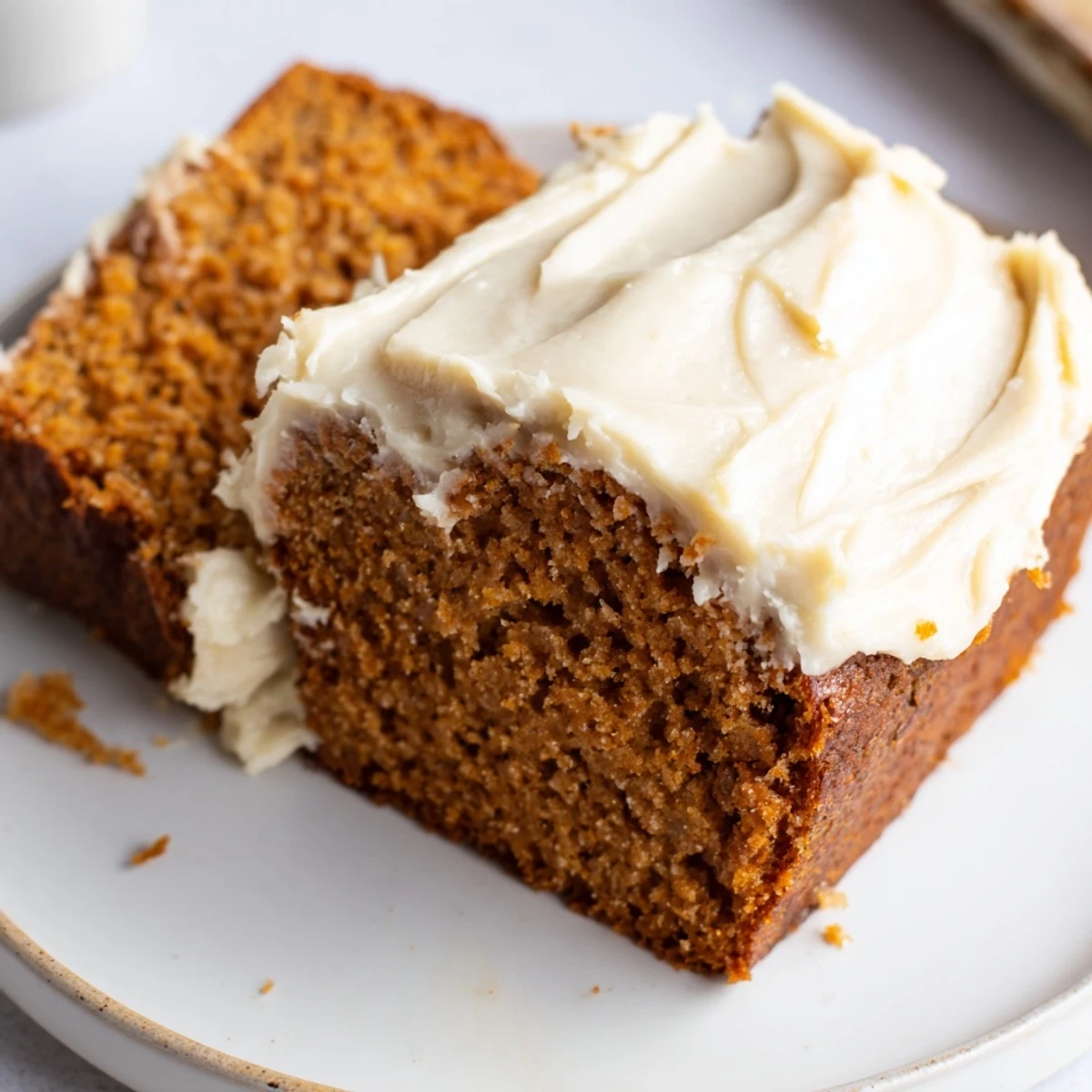 Top view of frosted gingerbread with a generous layer of white frosting, perfect for any holiday.