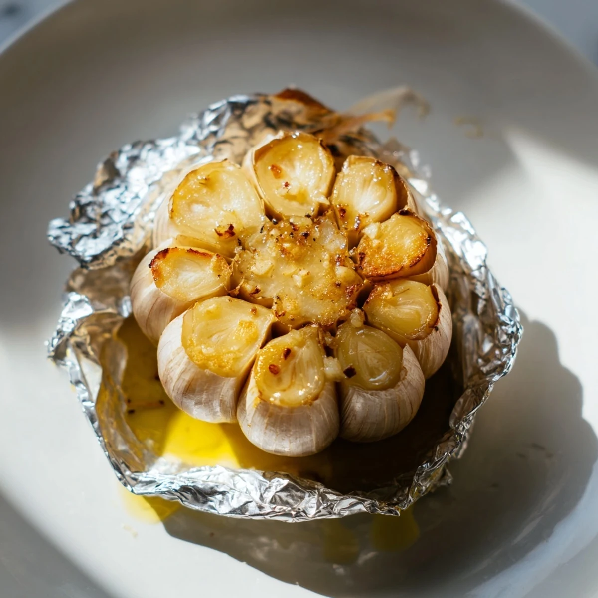 Golden brown roasted garlic, soft and sweet, ready to be squeezed for spreading.