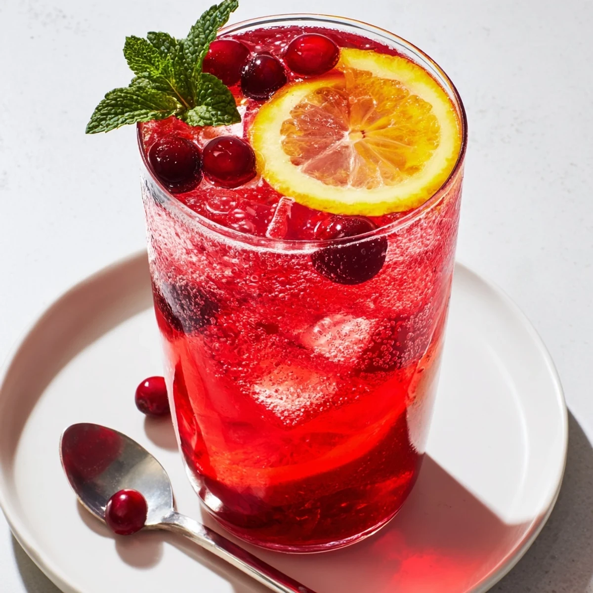 Vibrant cranberry punch, garnished with citrus slices, ready to serve at a holiday gathering.