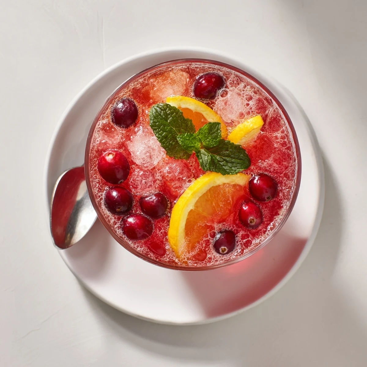 Pitcher of festive cranberry punch with fresh cranberries and citrus fruit, ideal for vegan guests.