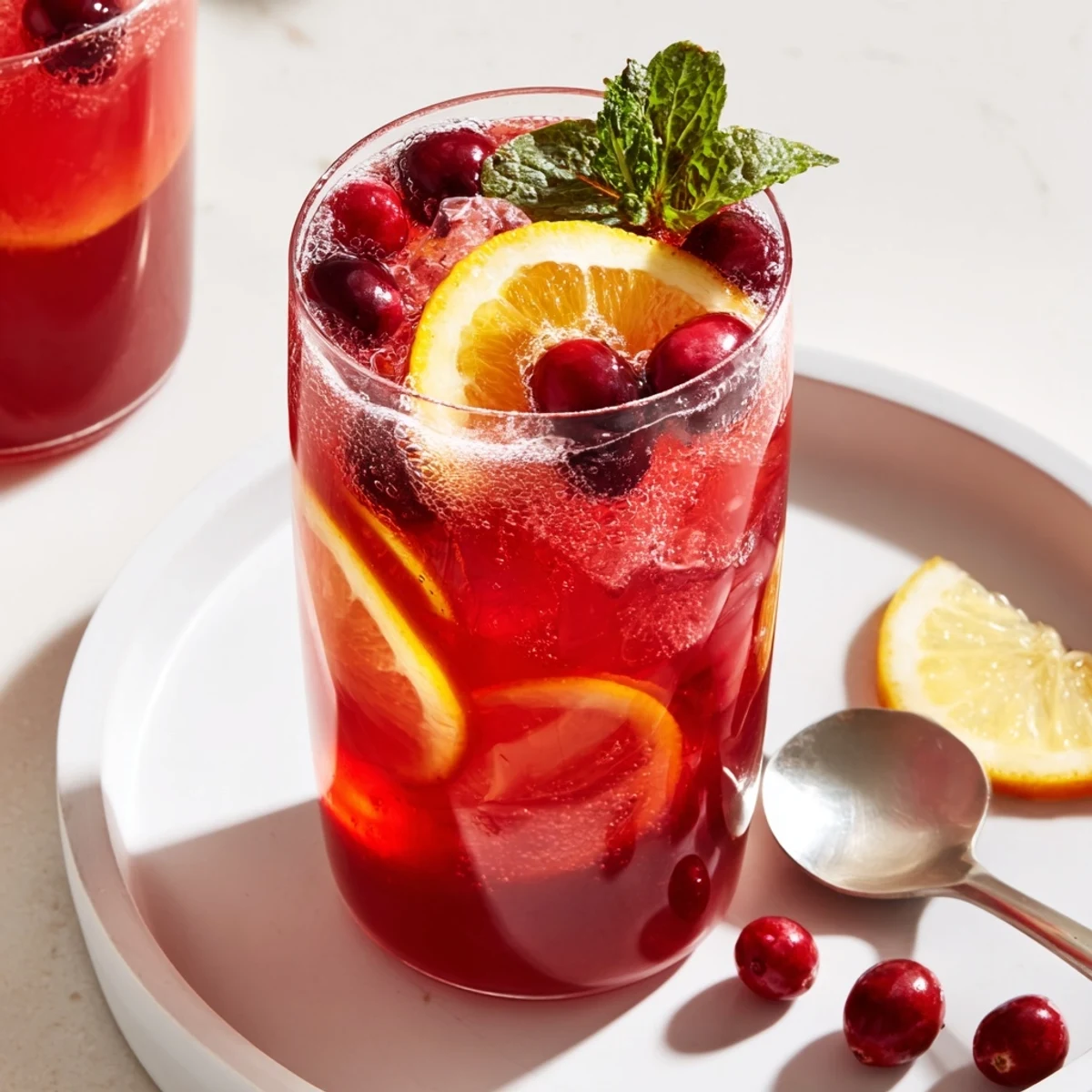 A refreshing close-up of cranberry punch, bubbling with fizz and ice, perfect for parties.